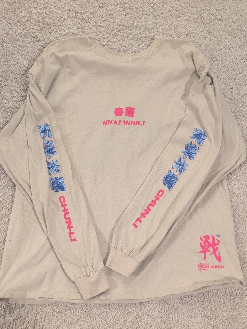 Nicki Minaj Beige Long Sleeve Tee with Pink & Blue Graphics